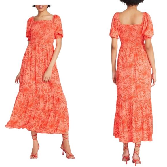 NWT BETSEY JOHNSON DRESS L MAXI LONG ORANGE PALMS OF PARADISE ROMANTIC TANGERINE - Picture 1 of 8